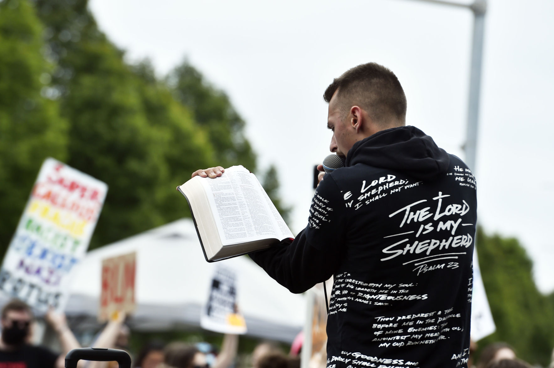 Street preacher on the mic